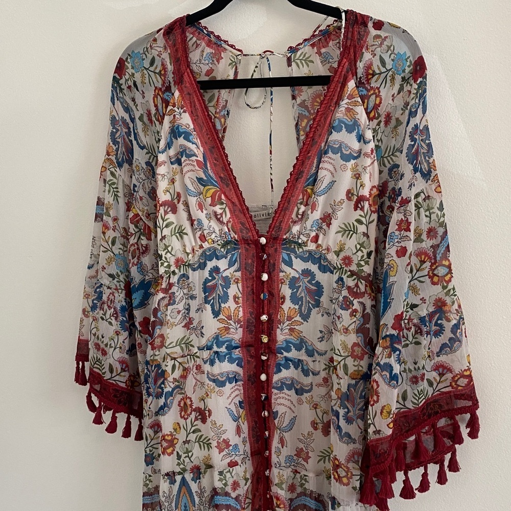 Alice + Olivia Alexandria Floral-Print Maxi Dress Bell Sleeve Fringe Size 8 - Picture 9 of 13